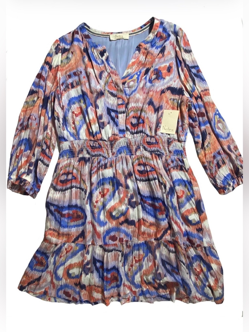 NEW Women's Size M Nurture by Westbound V-Neck 3/4 Sleeve Blue Paisley Dress $89